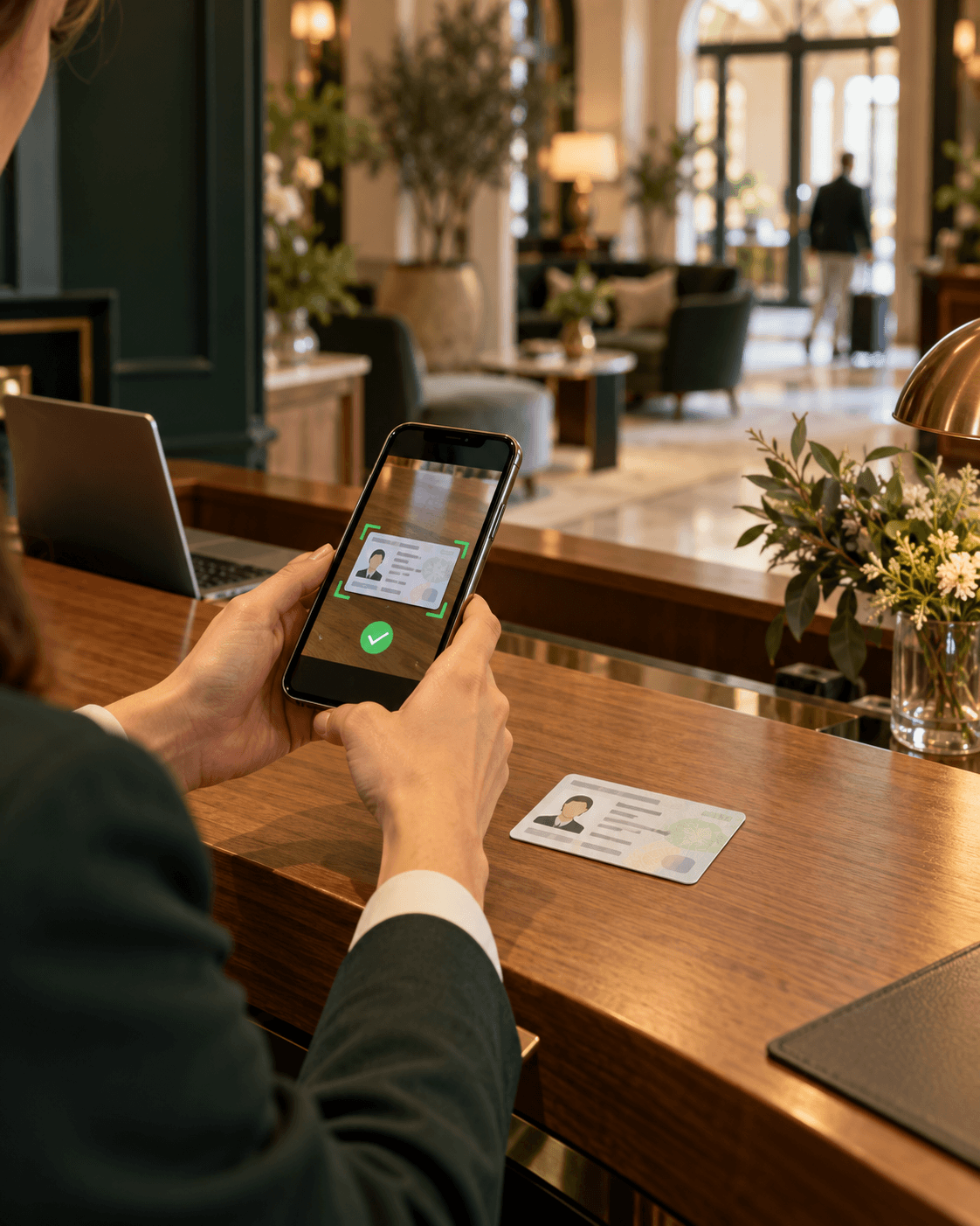 Scansione di un documento con smartphone alla reception di un hotel, immagine illustrativa